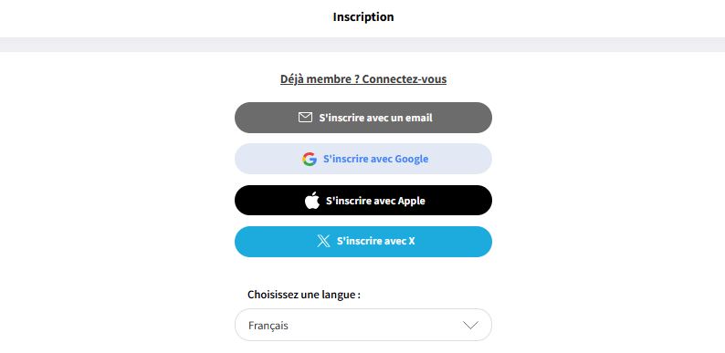 Vous aurez le choix entre différentes options pour créer votre compte, y compris via votre compte Gmail, Apple, X, ou en utilisant votre adresse e-mail.